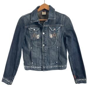 7 For All Mankind Women’s Cropped Distressed Denim Jean Jacket Medium Wash Sz S